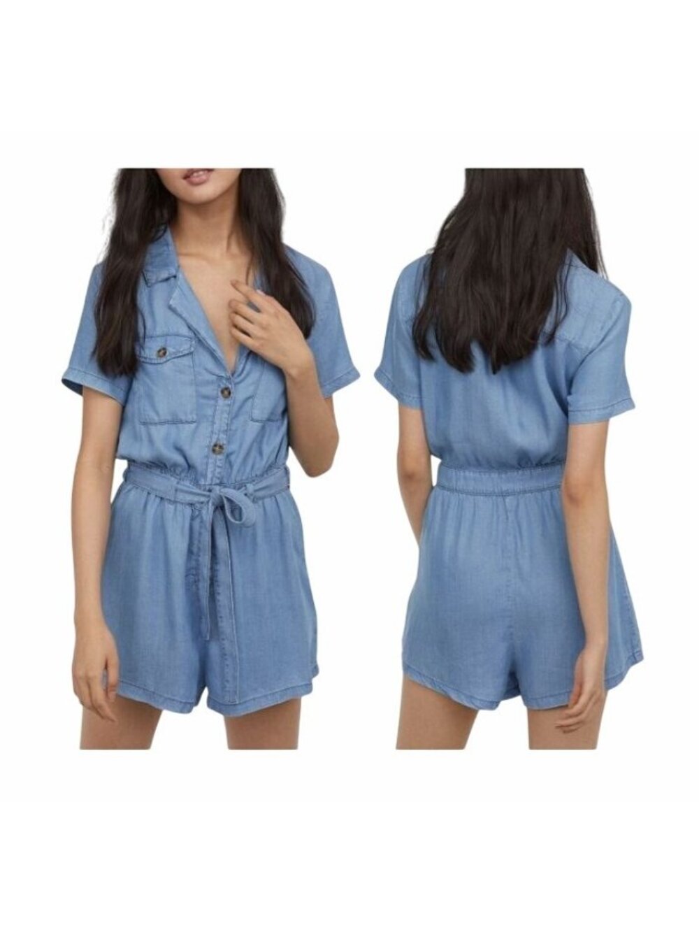 ⭐H&M Denim Blue Shorts Tie Waist Button Up Jumpsuit Size 0 Women's Romper New⭐